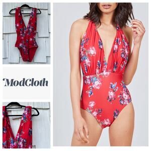 NWOT‎ ModCloth The Lauren Red Floral Plunge Halter One-Piece Swimsuit Size XL